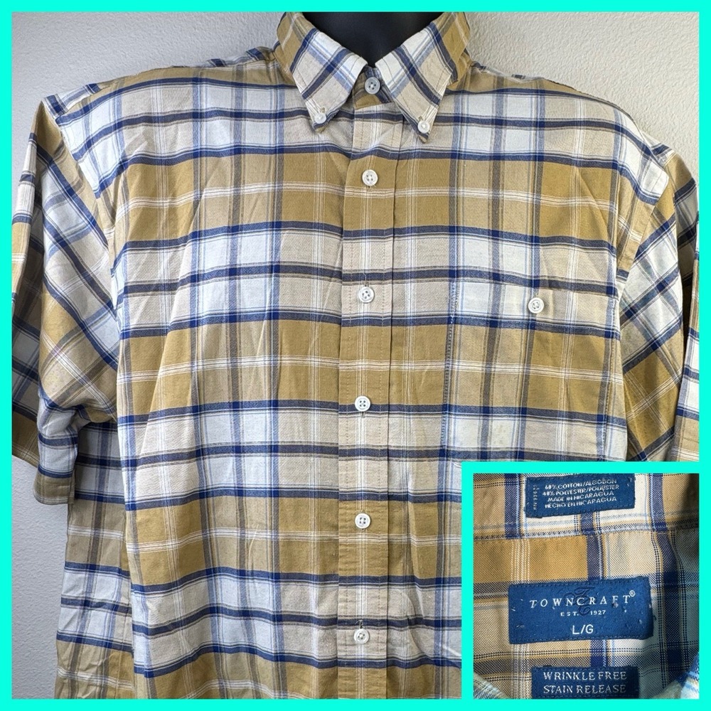 Towncraft Shirt Mens Sz L Beige Plaid Casual Short Sleeves Workwear Wrinkle Free